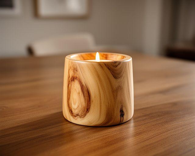 Kerzenhalter aus hellem Holz mit natürlicher Maserung auf einem Esstisch
