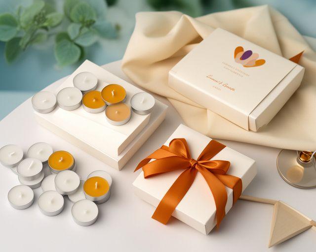 Teelichter und Sets in einer sortierten Anordnung mit Geschenkband und dezenten Wohnaccessoires