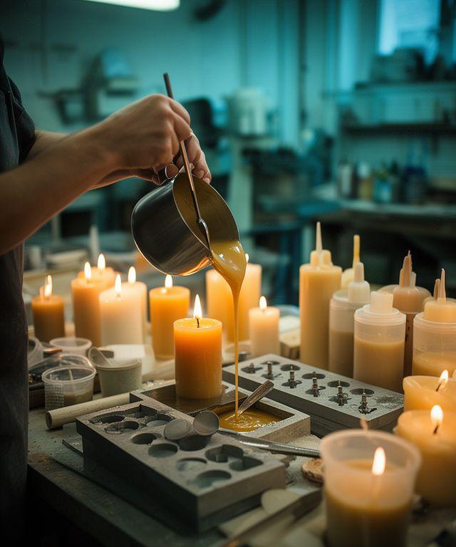 Team in der Zürcher Werkstatt beim Giessen dekorativer Kerzen mit warmem Licht und geordneten Materialien
