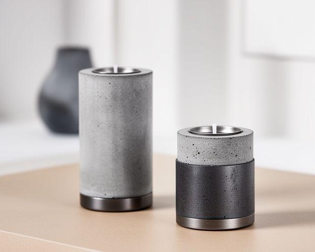 Moderne Kerzenhalter aus Beton und Metall auf einer hellen Oberfläche mit minimalistischer Dekoration